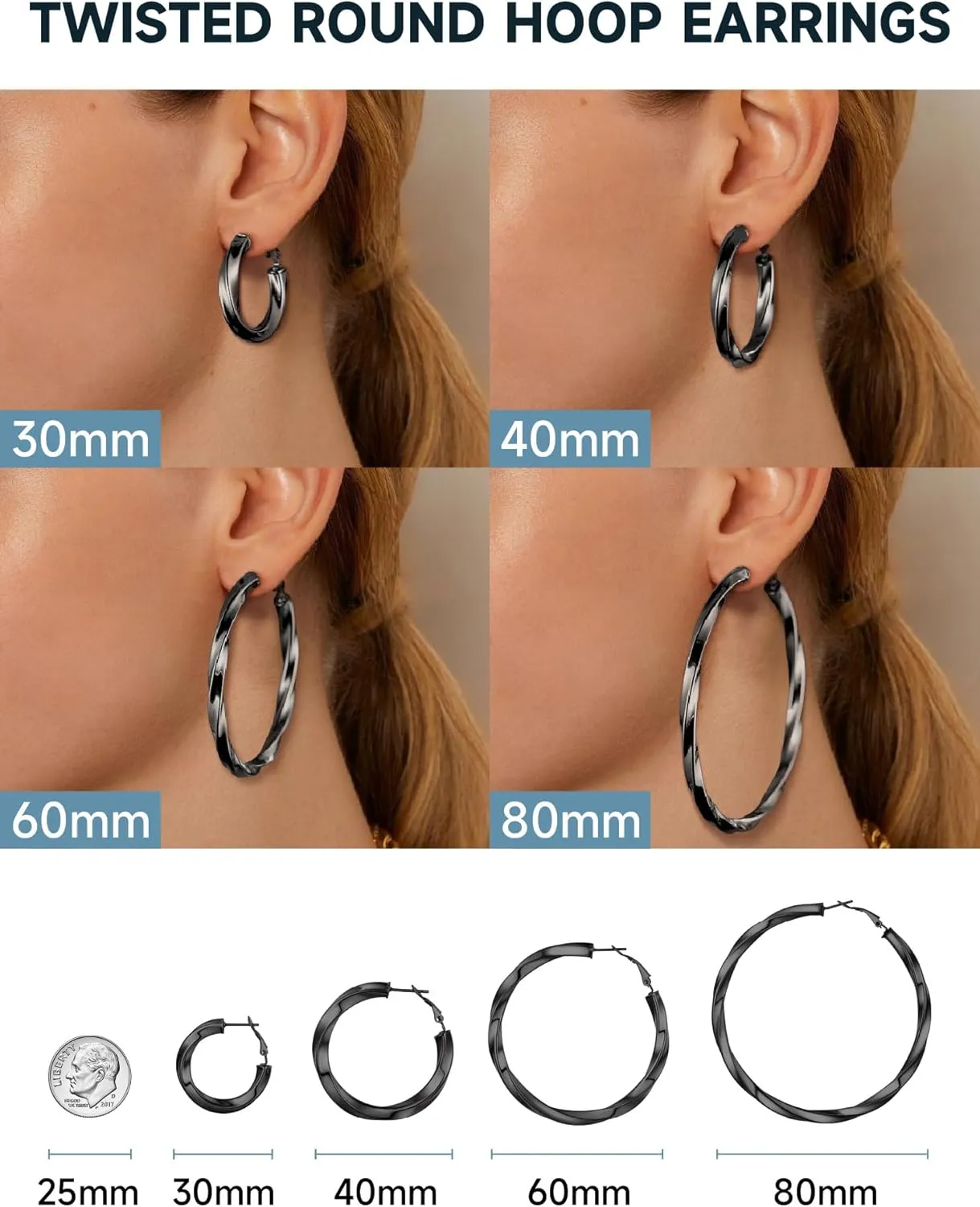 Stainless Steel Chunky Hoop Earrings For Women, Minimalist and Chic, Black/Gold Plated, Round Hoops Earrings Hypoallergenic, Size: 30mm/40mm/60mm/80mm, Come with Box