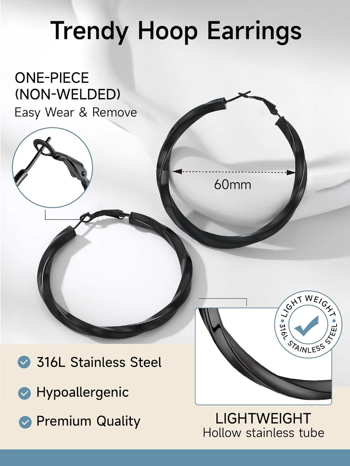 Stainless Steel Chunky Hoop Earrings For Women, Minimalist and Chic, Black/Gold Plated, Round Hoops Earrings Hypoallergenic, Size: 30mm/40mm/60mm/80mm, Come with Box