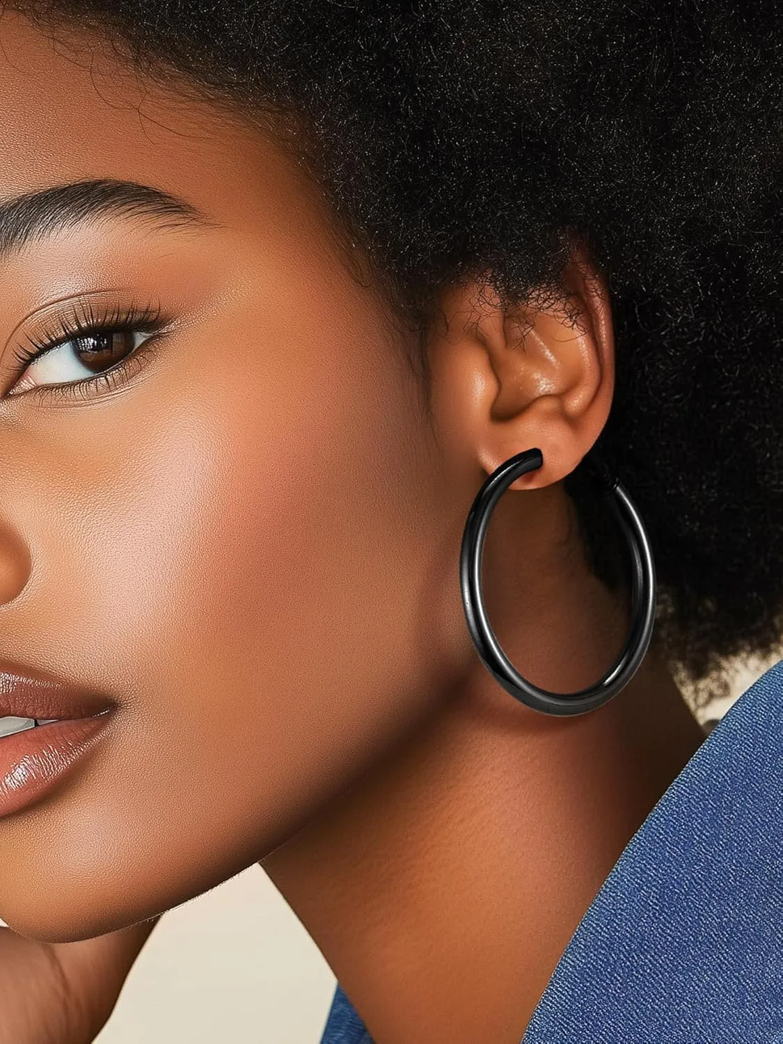 Stainless Steel Chunky Hoop Earrings For Women, Minimalist and Chic, Black/Gold Plated, Round Hoops Earrings Hypoallergenic, Size: 30mm/40mm/60mm/80mm, Come with Box