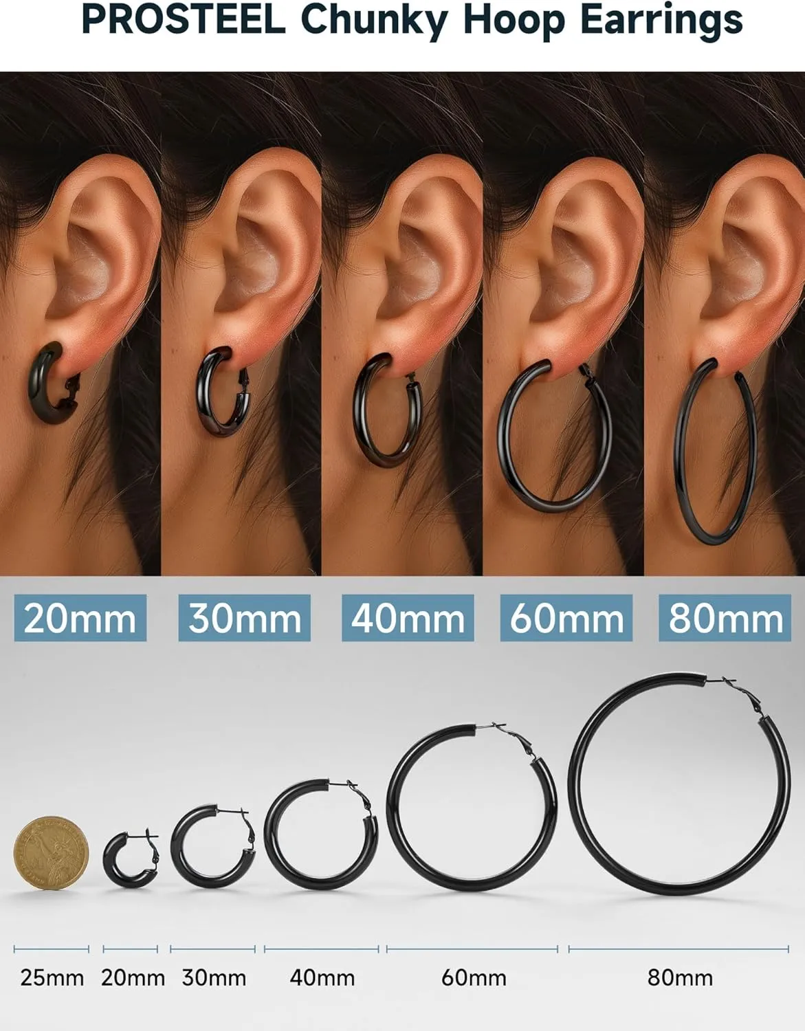 Stainless Steel Chunky Hoop Earrings For Women, Minimalist and Chic, Black/Gold Plated, Round Hoops Earrings Hypoallergenic, Size: 30mm/40mm/60mm/80mm, Come with Box