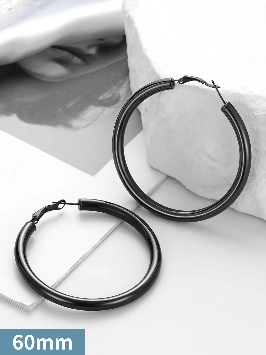 Stainless Steel Chunky Hoop Earrings For Women, Minimalist and Chic, Black/Gold Plated, Round Hoops Earrings Hypoallergenic, Size: 30mm/40mm/60mm/80mm, Come with Box