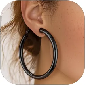 Stainless Steel Chunky Hoop Earrings For Women, Minimalist and Chic, Black/Gold Plated, Round Hoops Earrings Hypoallergenic, Size: 30mm/40mm/60mm/80mm, Come with Box
