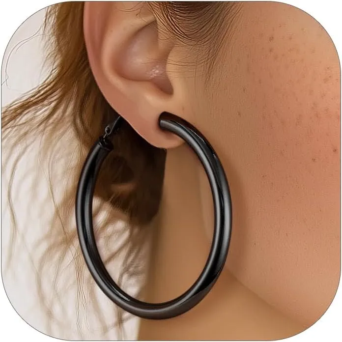 Stainless Steel Chunky Hoop Earrings For Women, Minimalist and Chic, Black/Gold Plated, Round Hoops Earrings Hypoallergenic, Size: 30mm/40mm/60mm/80mm, Come with Box