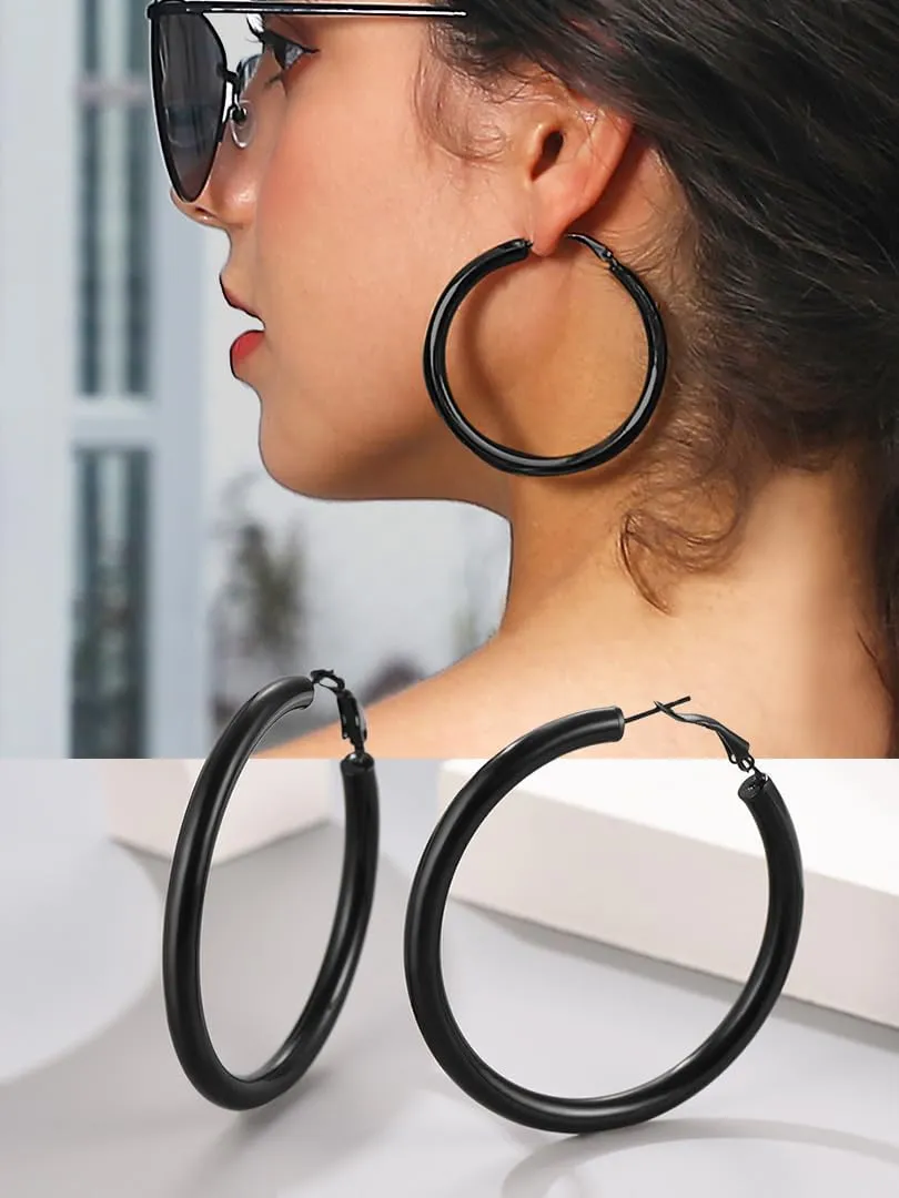 Stainless Steel Chunky Hoop Earrings For Women, Minimalist and Chic, Black/Gold Plated, Round Hoops Earrings Hypoallergenic, Size: 30mm/40mm/60mm/80mm, Come with Box
