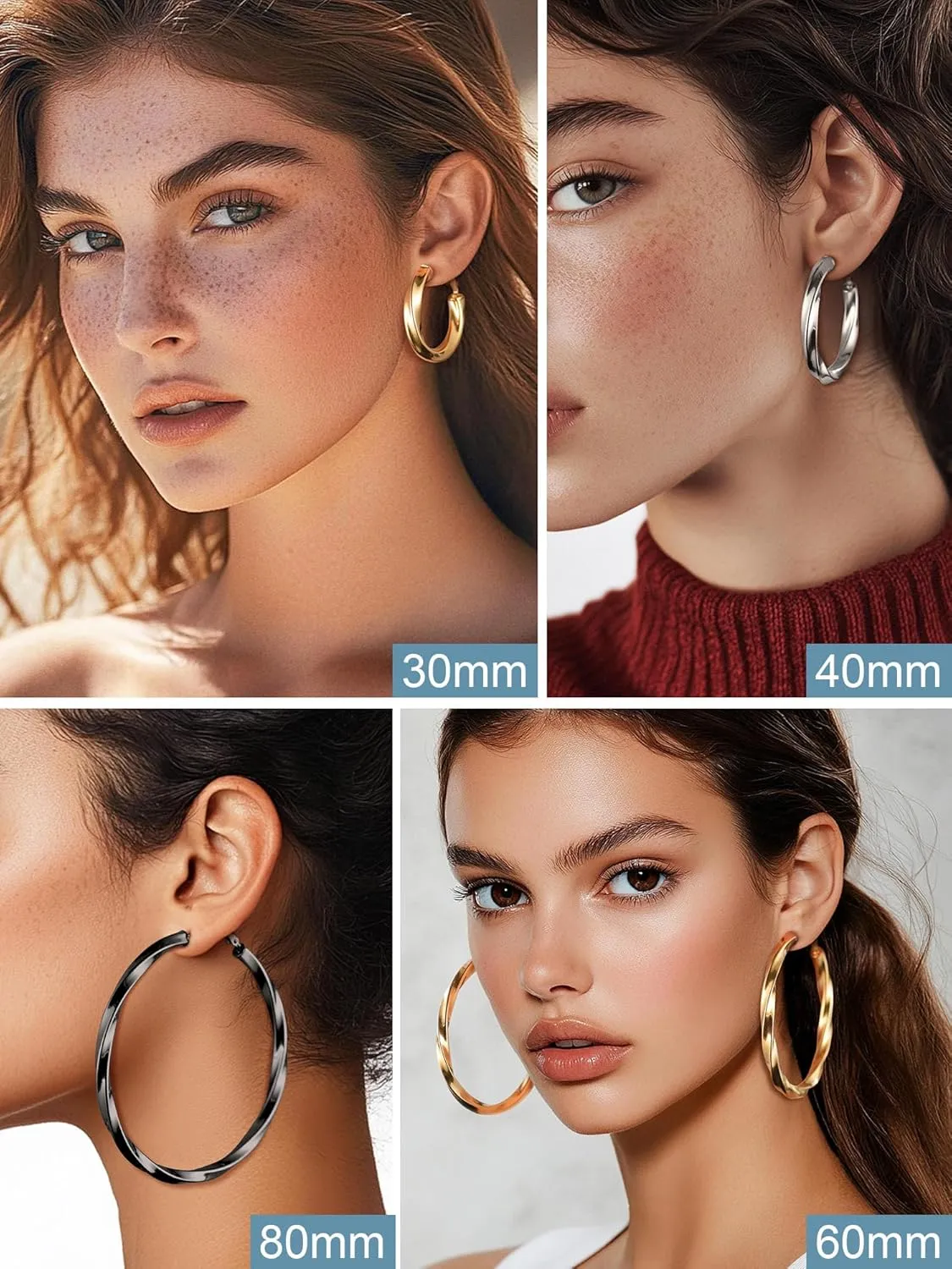 Stainless Steel Chunky Hoop Earrings For Women, Minimalist and Chic, Black/Gold Plated, Round Hoops Earrings Hypoallergenic, Size: 30mm/40mm/60mm/80mm, Come with Box