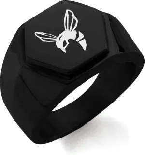 Stainless Steel Hornet Hexagon Crest Flat Top Biker Style Polished Ring