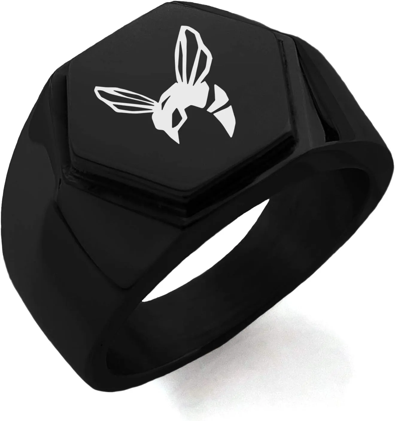Stainless Steel Hornet Hexagon Crest Flat Top Biker Style Polished Ring