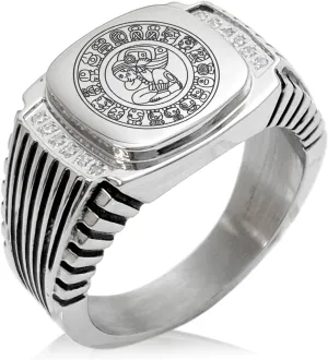 Stainless Steel Mayan Calendar Rune CZ Ribbed Needle Stripe Pattern Biker Style Polished Ring