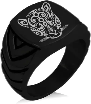Stainless Steel Mayan Jaguar Rune Chevron Pattern Biker Style Polished Ring