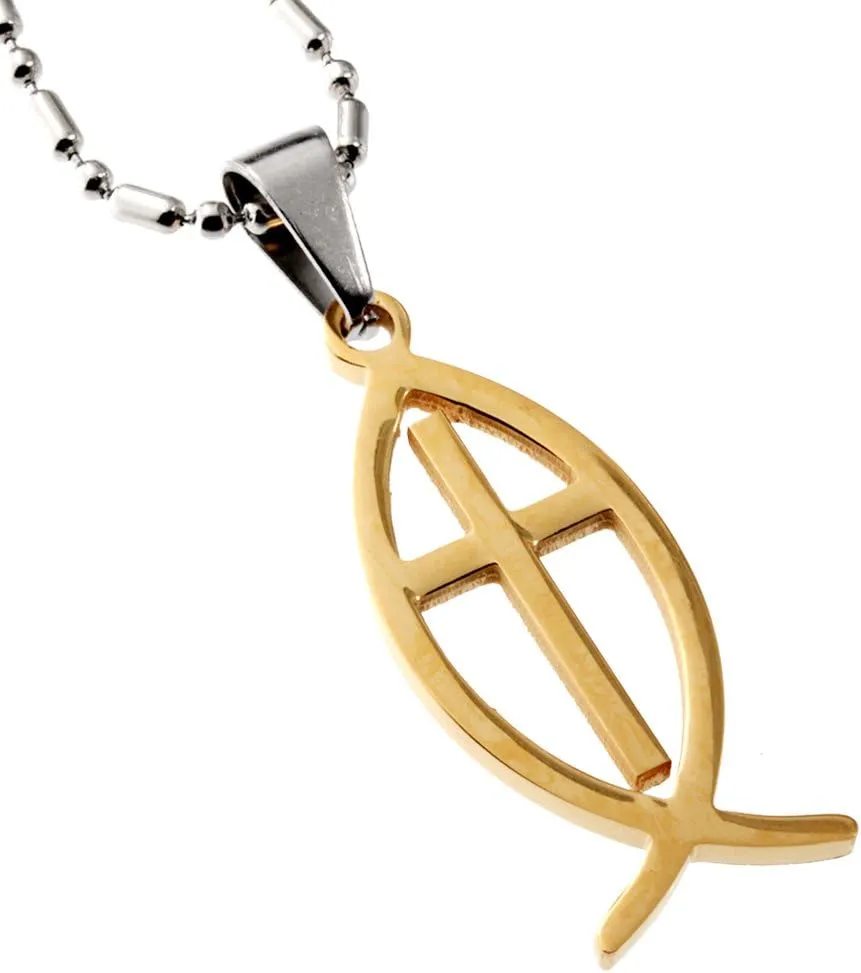 Stainless Steel Pendant, Christian Fish and Cross
