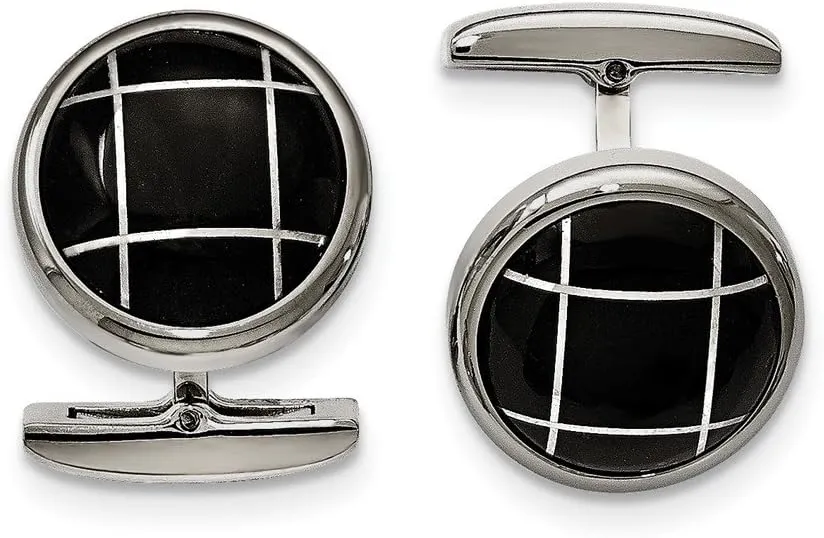 Stainless Steel Polished Black Semi-Precious Stone Round Cufflinks
