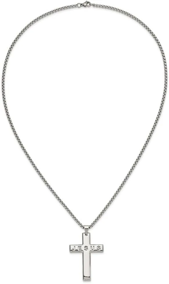 Stainless Steel Polished Jesus Cross Pendant Box Chain Necklace 24"