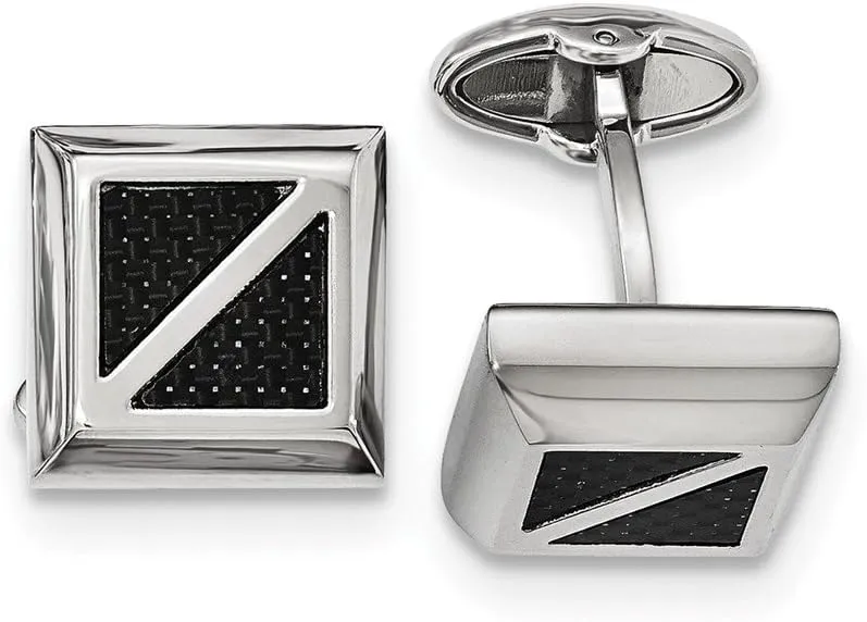 Stainless Steel Polished with Black Carbon Fiber Inlay Square Cufflinks