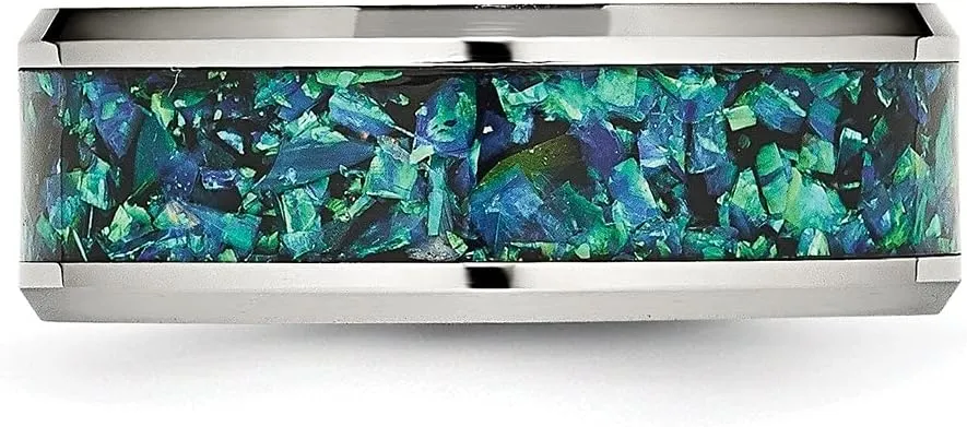 Stainless Steel Polished with Blue Imitation Opal Inlay 8mm Anniversary Wedding Band