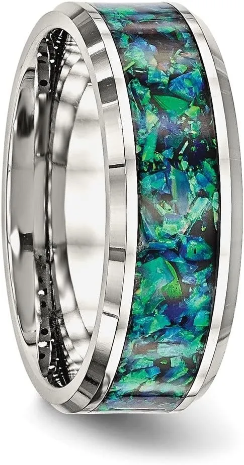 Stainless Steel Polished with Blue Imitation Opal Inlay 8mm Anniversary Wedding Band