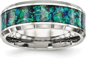 Stainless Steel Polished with Blue Imitation Opal Inlay 8mm Anniversary Wedding Band