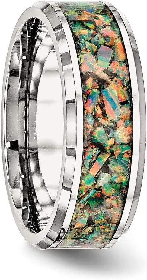 Stainless Steel Polished with Imitation Opal Inlay 8mm Anniversary Wedding Band