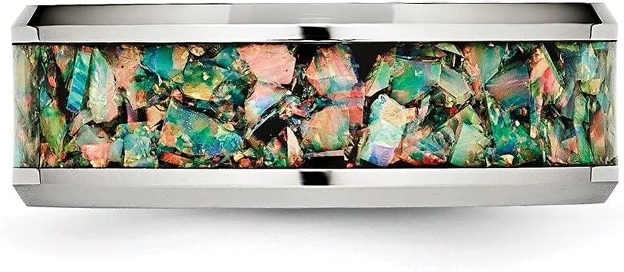 Stainless Steel Polished with Imitation Opal Inlay 8mm Anniversary Wedding Band