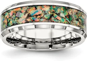 Stainless Steel Polished with Imitation Opal Inlay 8mm Anniversary Wedding Band