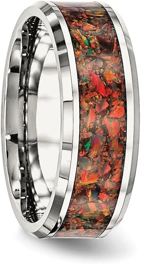 Stainless Steel Polished with Red Imitation Opal Inlay 8mm Anniversary Wedding Band