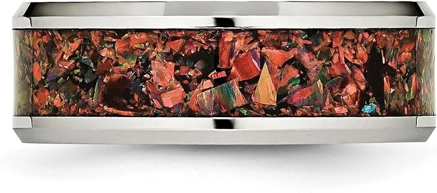 Stainless Steel Polished with Red Imitation Opal Inlay 8mm Anniversary Wedding Band