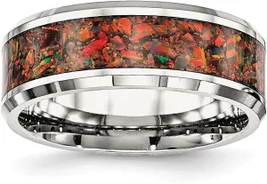Stainless Steel Polished with Red Imitation Opal Inlay 8mm Anniversary Wedding Band