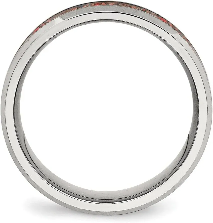 Stainless Steel Polished with Red Imitation Opal Inlay 8mm Anniversary Wedding Band