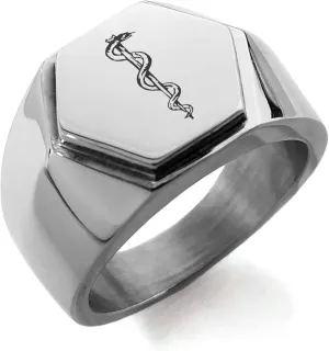 Stainless Steel Rod of Asclepius Hexagon Crest Flat Top Biker Style Polished Ring