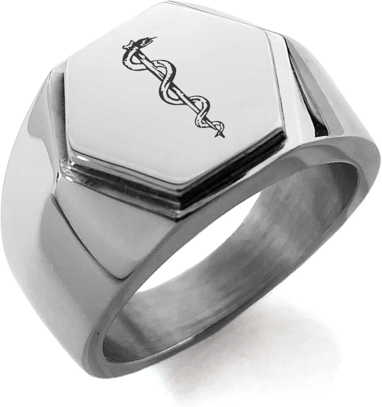 Stainless Steel Rod of Asclepius Hexagon Crest Flat Top Biker Style Polished Ring