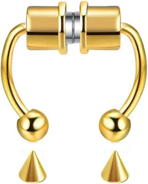Stainless Steel Septum Nose Ring Horseshoe Fake Nose Ring Hoop Reusable Nose Ring Hoop Non-Piercing (Golden)