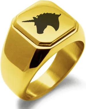 Stainless Steel Unicorn Square Flat Top Biker Style Polished Ring