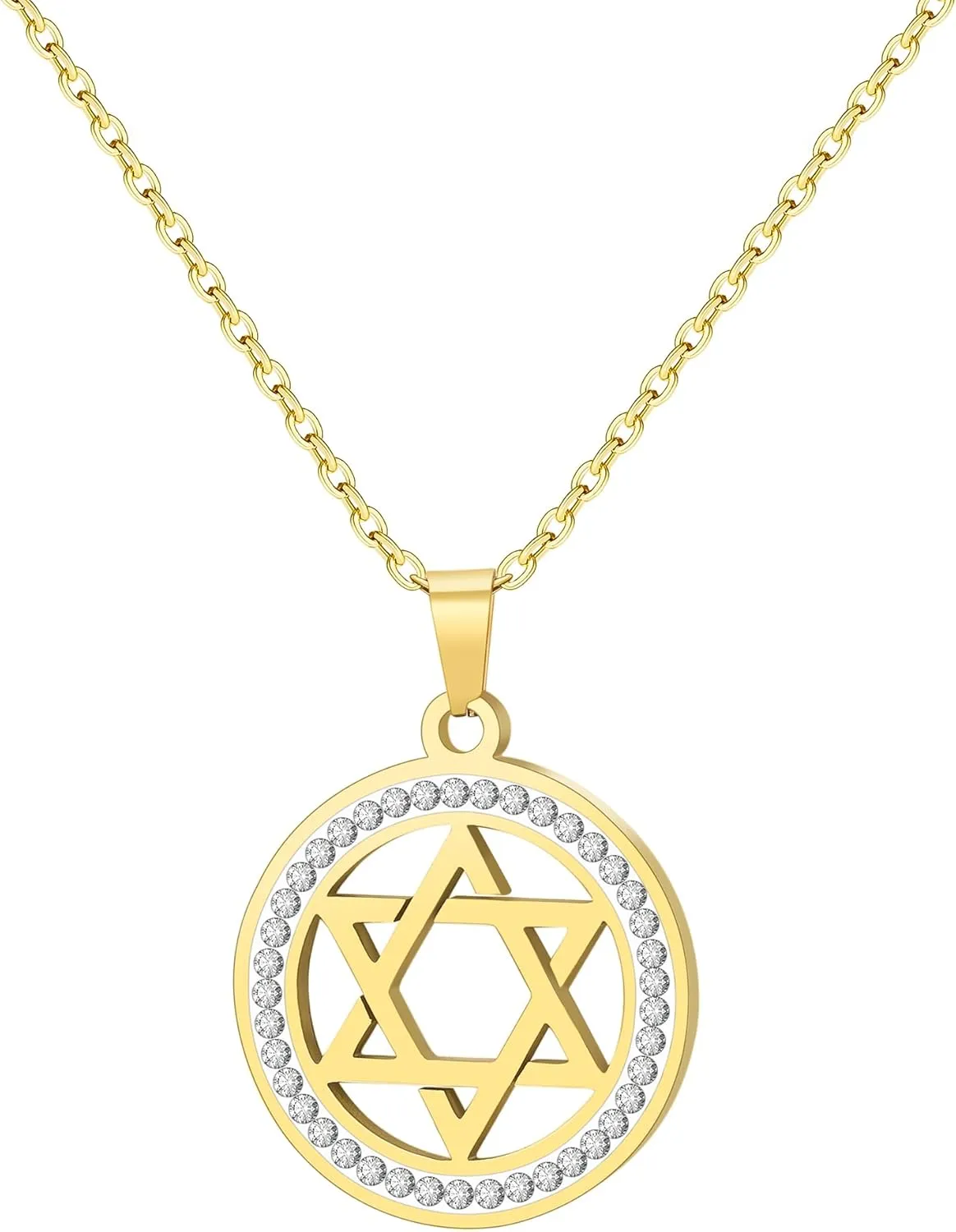 Star of David Necklace for Women Stainless Steel Pendant Cubic Zirconia Necklace