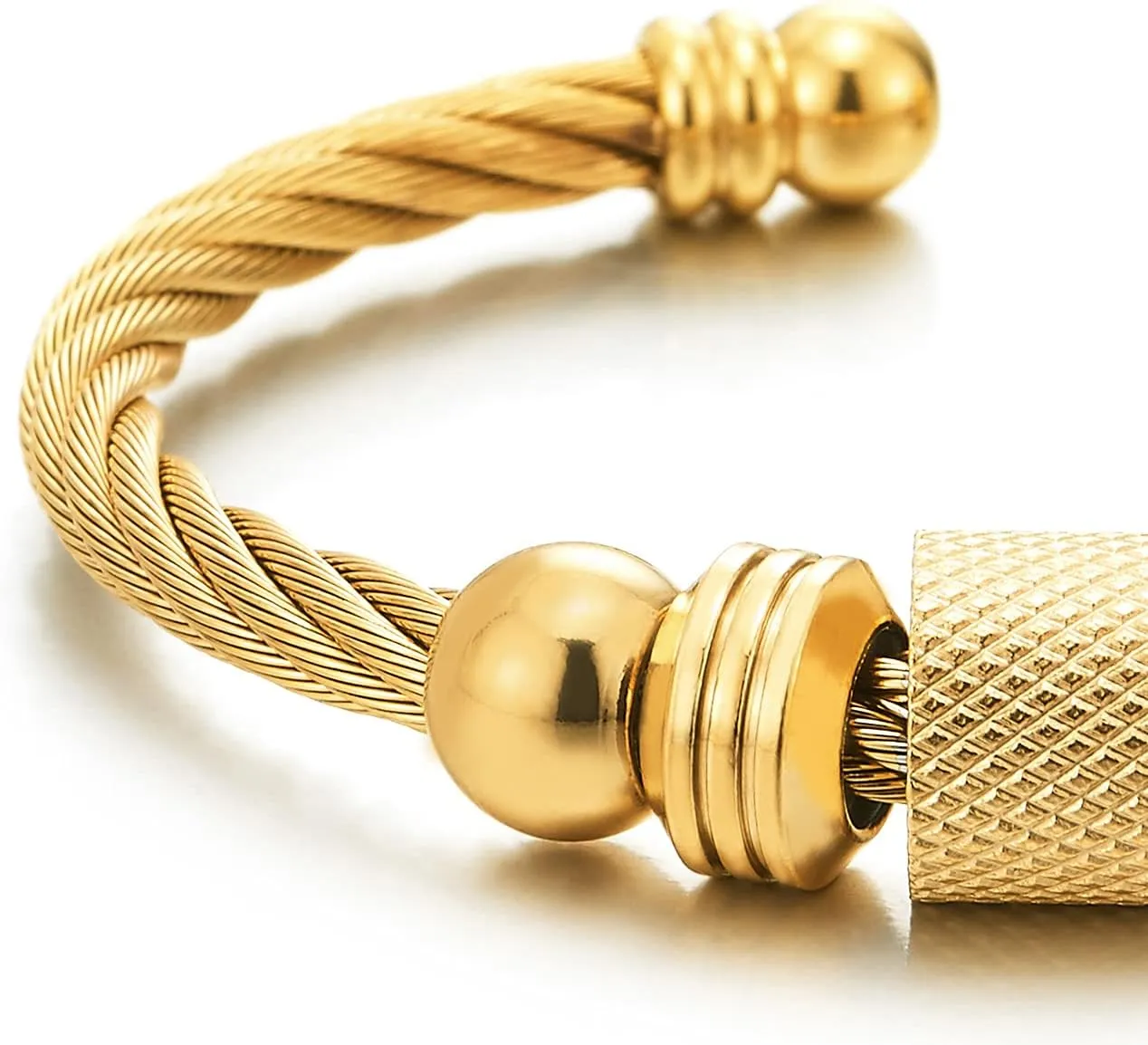 Steel Twisted Cable Cuff Bangle Bracelet for Men Women with Beads Charms, Polished Adjustable