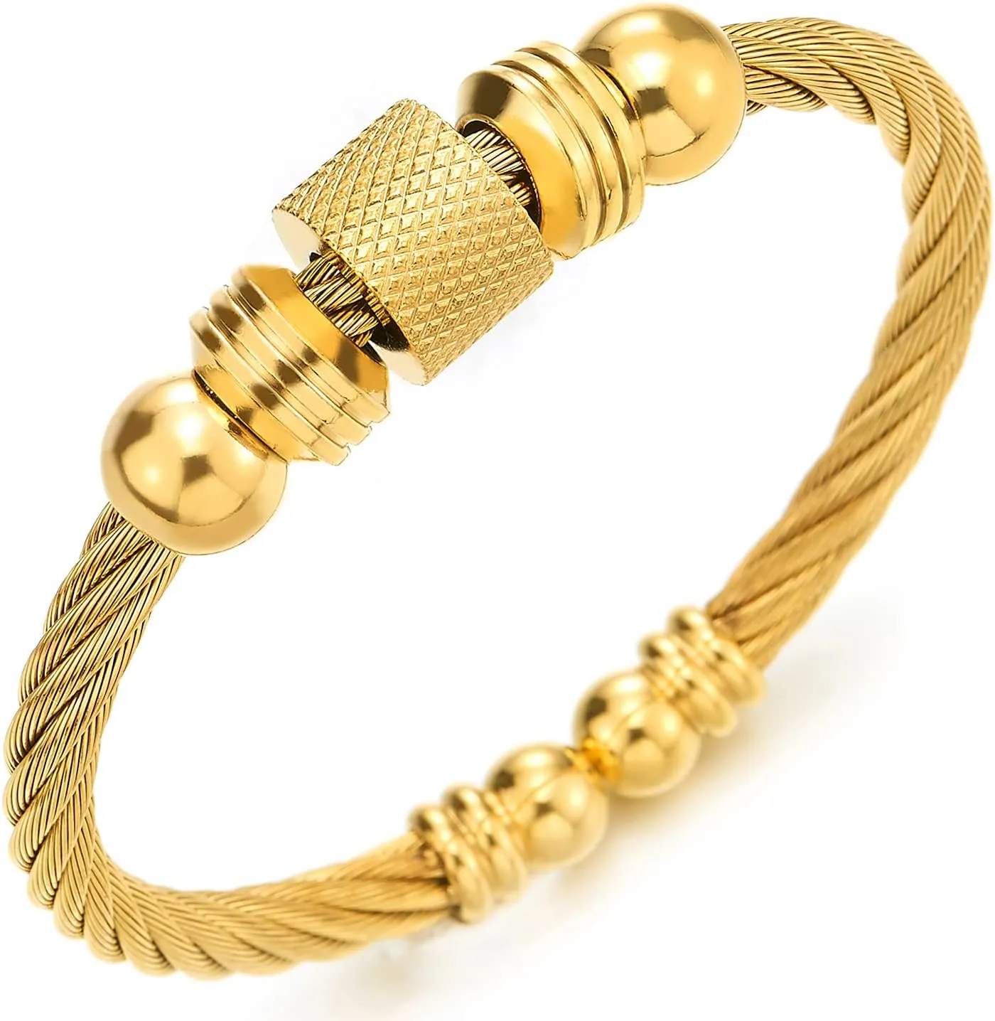 Steel Twisted Cable Cuff Bangle Bracelet for Men Women with Beads Charms, Polished Adjustable