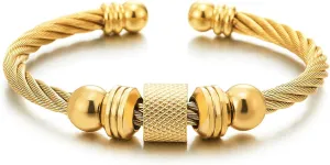 Steel Twisted Cable Cuff Bangle Bracelet for Men Women with Beads Charms, Polished Adjustable