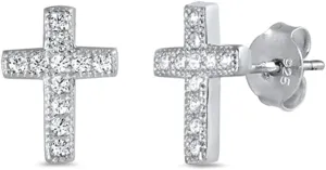 Sterling Silver Classic Studded Cross Elegant Faith Micro Pave Earrings Clear CZ