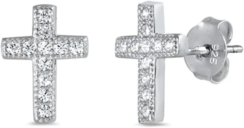 Sterling Silver Classic Studded Cross Elegant Faith Micro Pave Earrings Clear CZ
