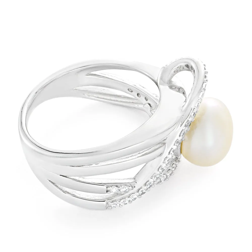 Sterling Silver Cubic Zirconia   Freshwater Pearl Ring   *No Resize*