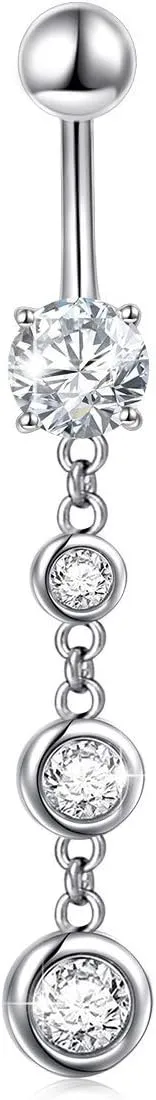 Sterling Silver Dangle Belly Button Rings Stud Belly Rings for Women Girl Navel Rings CZ Body Piercing Jewelry
