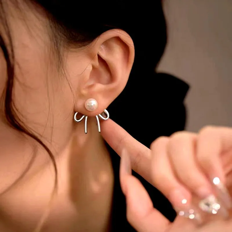 Sterling Silver Elegant Pearl Bow Earrings