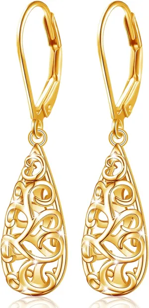 Sterling Silver Leverback Dangle Earrings for Women Teardrop Filigree 14K Gold Plated Dangly Earrings Mothers Day Gift