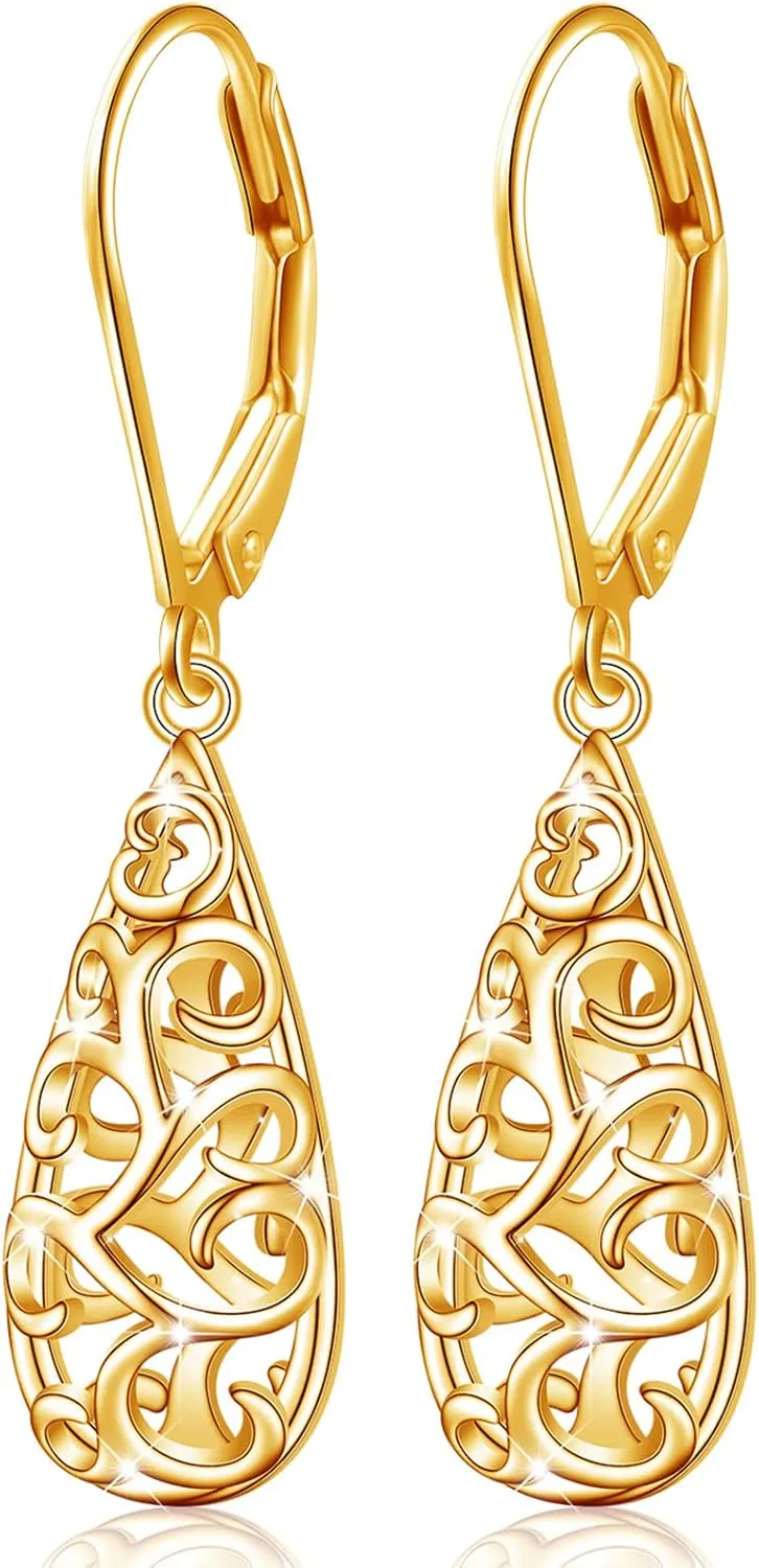 Sterling Silver Leverback Dangle Earrings for Women Teardrop Filigree 14K Gold Plated Dangly Earrings Mothers Day Gift