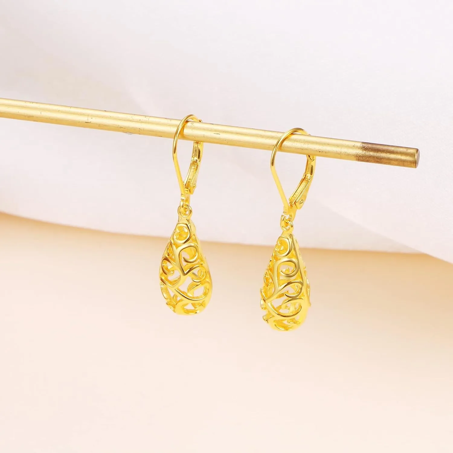 Sterling Silver Leverback Dangle Earrings for Women Teardrop Filigree 14K Gold Plated Dangly Earrings Mothers Day Gift