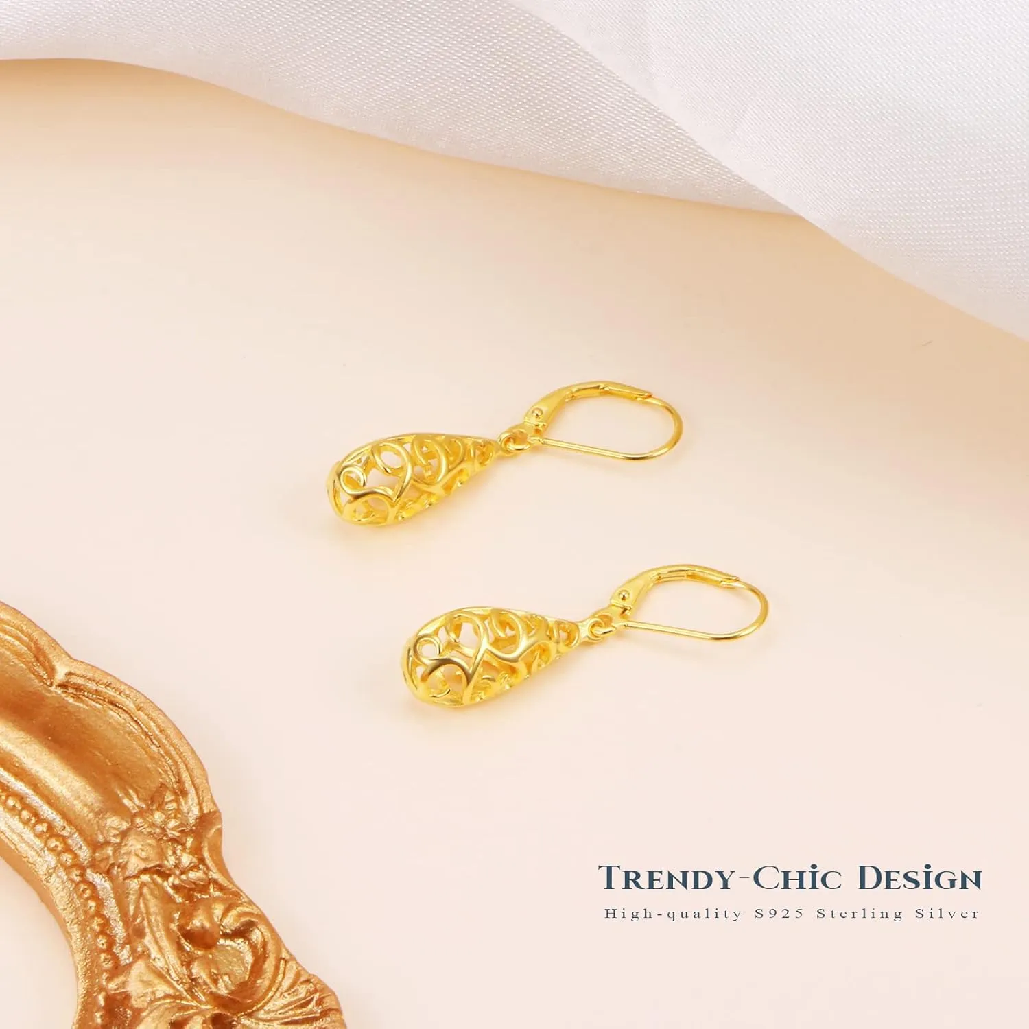 Sterling Silver Leverback Dangle Earrings for Women Teardrop Filigree 14K Gold Plated Dangly Earrings Mothers Day Gift