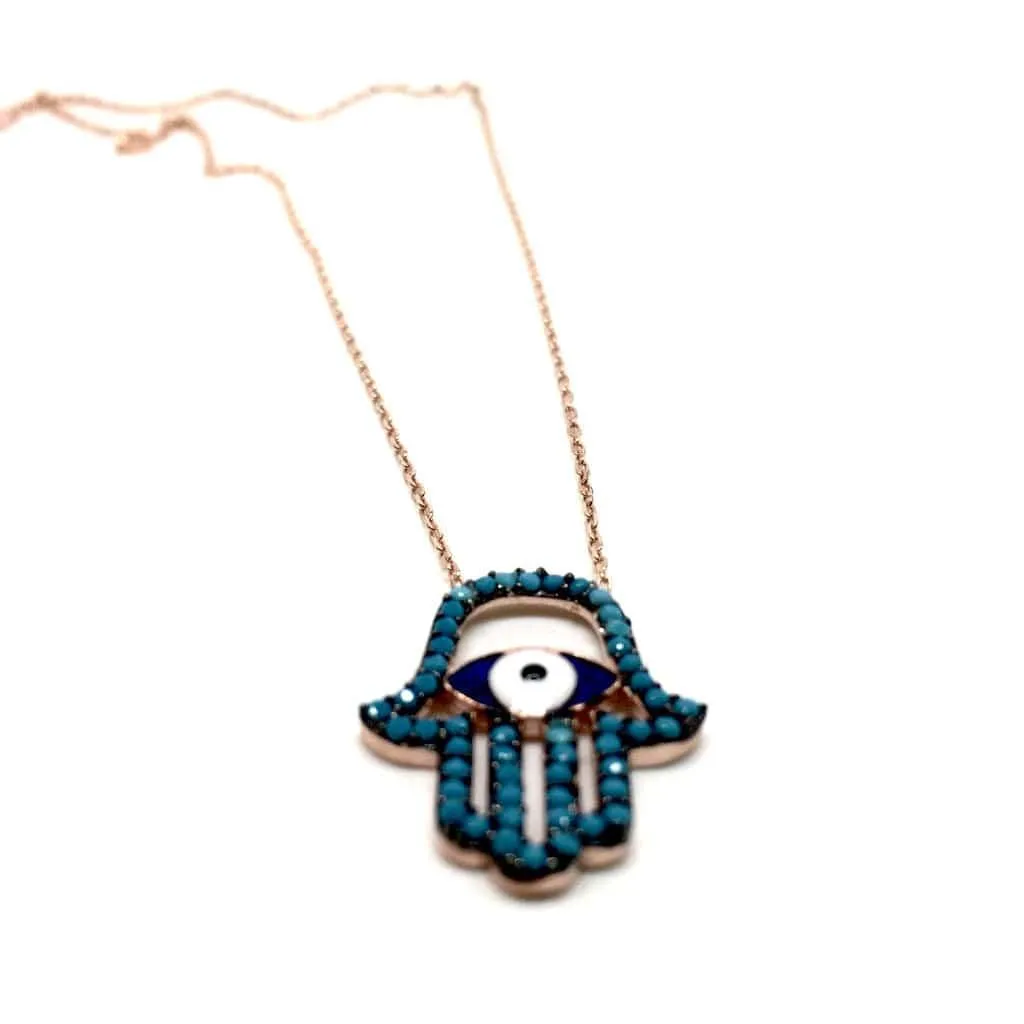 Sterling Silver Mediterranean Hamsa Hand and Turkish Eye (Evil Eye) Pendant