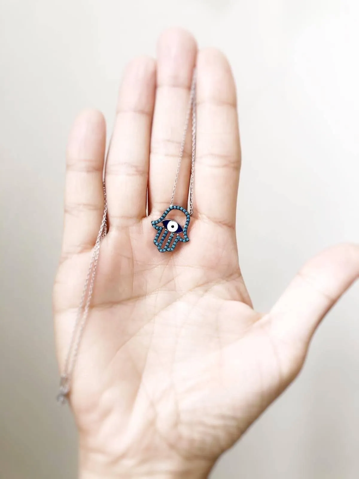 Sterling Silver Mediterranean Hamsa Hand and Turkish Eye (Evil Eye) Pendant