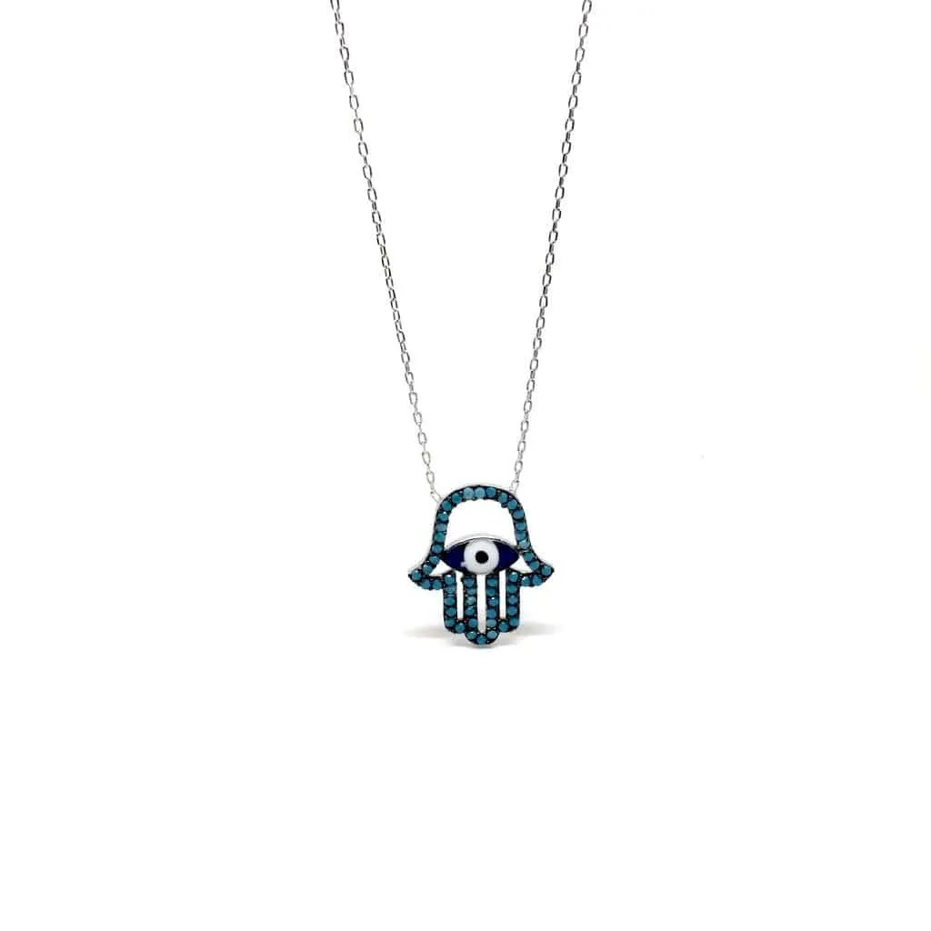 Sterling Silver Mediterranean Hamsa Hand and Turkish Eye (Evil Eye) Pendant