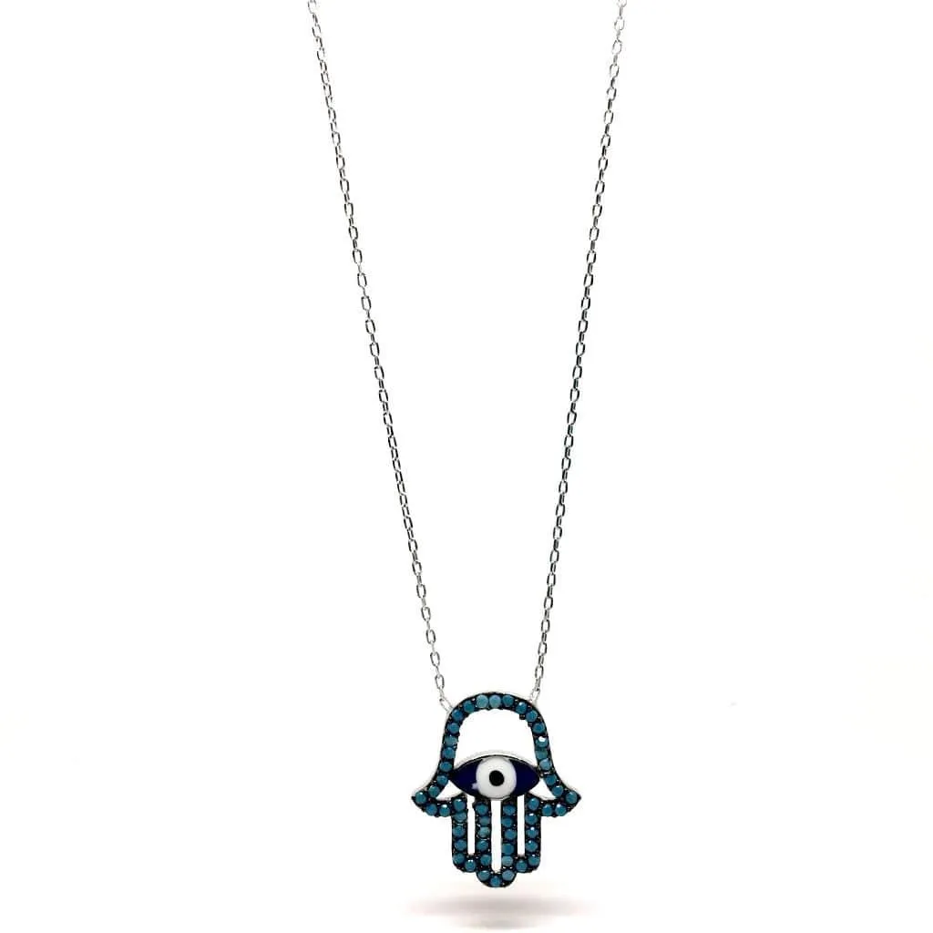 Sterling Silver Mediterranean Hamsa Hand and Turkish Eye (Evil Eye) Pendant