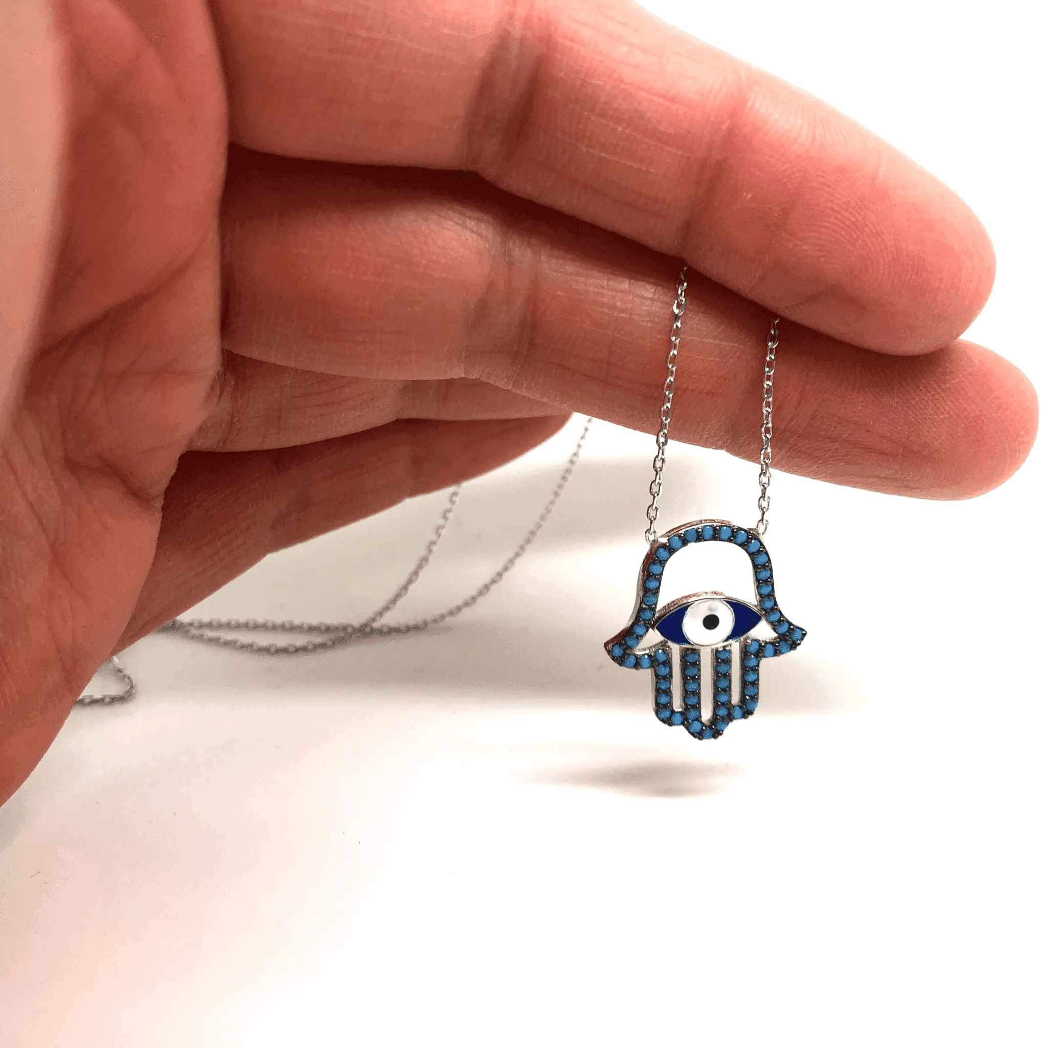 Sterling Silver Mediterranean Hamsa Hand and Turkish Eye (Evil Eye) Pendant