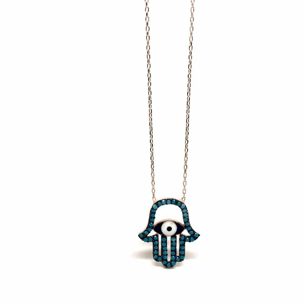 Sterling Silver Mediterranean Hamsa Hand and Turkish Eye (Evil Eye) Pendant